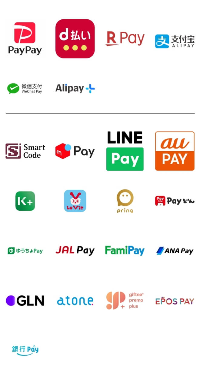 PayPay、d払い、楽、天Pay、Alipay、WeChat Pay、Alipay+、Smart Code、Merpay、LINE Pay、auPay、K+、Lu Vit Pay、pring、Payどん、ゆうちょPay、JAL Pay、FamiPay、ANA Pay、GLN、anone、giftee premo plus、EPOS PAY、銀行Pay