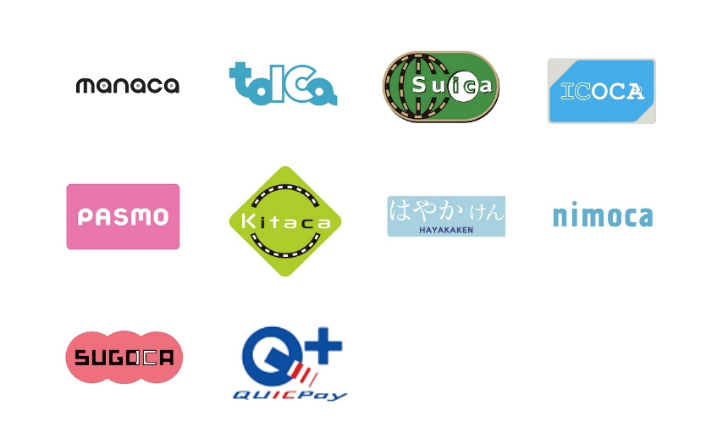 MANACA、TOICA、Suica、ICOCA、PASMO、Kitaca、はやかけん、nimoca、SUGOCA、QUICPay+、Apple Pay